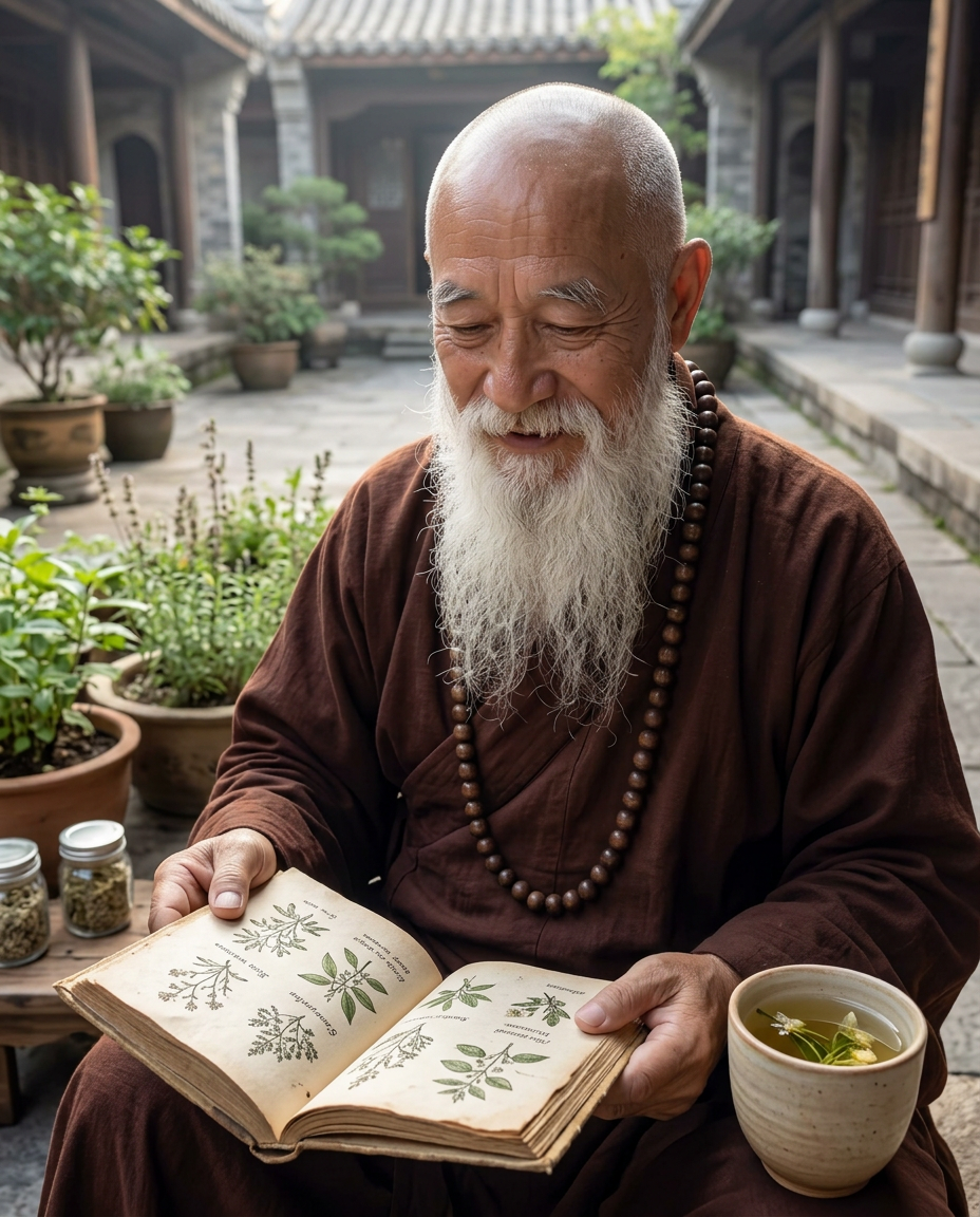Master Ren reading a botanical book